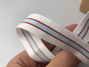 Luksus elastik - hvid med røde striber og lys blå midte, 22 mm